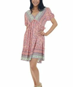 Jodifl Punch Floral Print V Neck Ruffled Short Dress Dresses 10 Jodifl Punch Floral Print V Neck Ruffled Short Dress Dresses