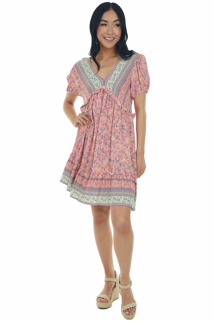 Jodifl Punch Floral Print V Neck Ruffled Short Dress Dresses 4 Jodifl Punch Floral Print V Neck Ruffled Short Dress Dresses