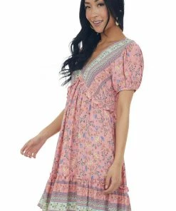 Jodifl Punch Floral Print V Neck Ruffled Short Dress Dresses 11 Jodifl Punch Floral Print V Neck Ruffled Short Dress Dresses