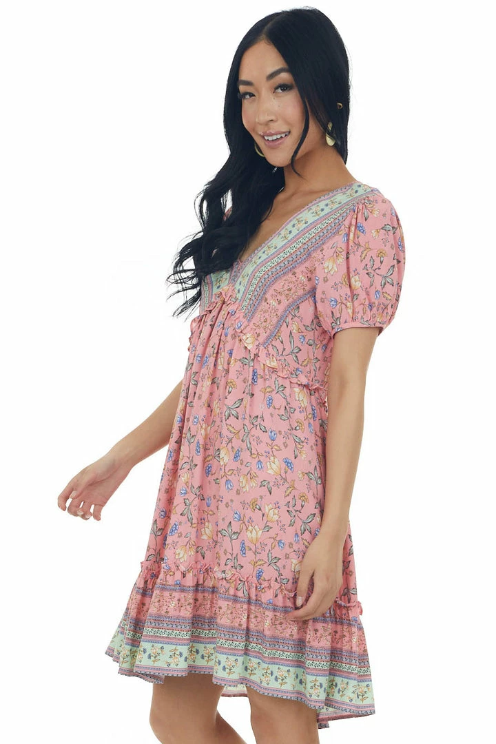 Jodifl Punch Floral Print V Neck Ruffled Short Dress Dresses 6 Jodifl Punch Floral Print V Neck Ruffled Short Dress Dresses