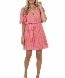 She + Sky Punch Half Sleeve Pleated Surplice Mini Dress Dresses