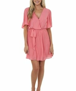 She + Sky Punch Half Sleeve Pleated Surplice Mini Dress Dresses
