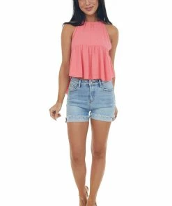 Peach Love Tops Punch Halter Neck Back Cut Out Babydoll Knit Tank