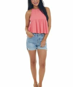 Peach Love Tops Punch Halter Neck Back Cut Out Babydoll Knit Tank