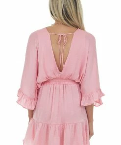 Glam Dresses Punch Kimono Sleeve Ruffle Silky Mini Dress
