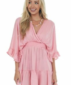 Glam Dresses Punch Kimono Sleeve Ruffle Silky Mini Dress