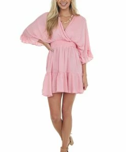 Glam Dresses Punch Kimono Sleeve Ruffle Silky Mini Dress