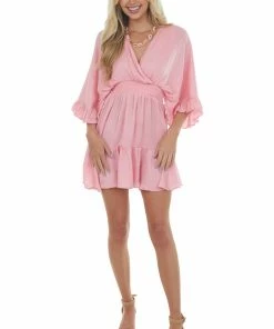Glam Dresses Punch Kimono Sleeve Ruffle Silky Mini Dress