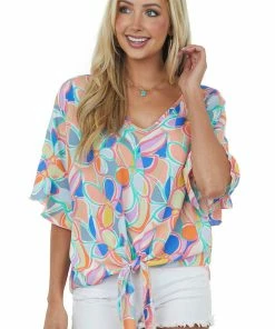 ADORA Tops Punch Multicolor Abstract Print V Neck Woven Top