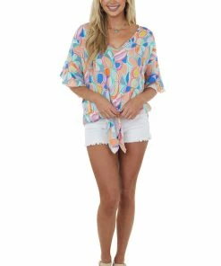 ADORA Tops Punch Multicolor Abstract Print V Neck Woven Top