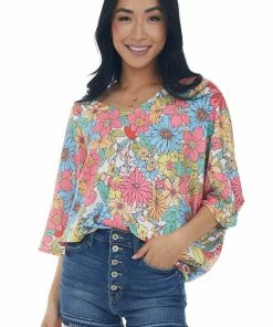 First Love Punch Multicolor Floral Kimono Sleeve Knit Top Tops 12 First Love Punch Multicolor Floral Kimono Sleeve Knit Top Tops