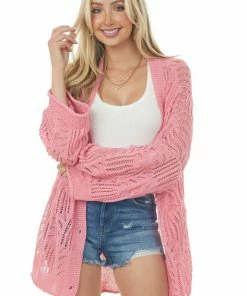 POL Clothing Punch Open Crochet High Low Button Up Cardigan Tops