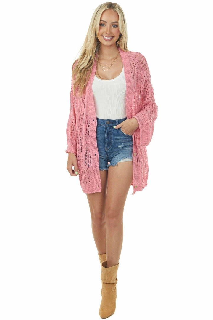 POL Clothing Punch Open Crochet High Low Button Up Cardigan Tops 5 POL Clothing Punch Open Crochet High Low Button Up Cardigan Tops