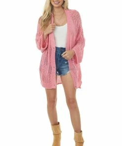POL Clothing Punch Open Crochet High Low Button Up Cardigan Tops