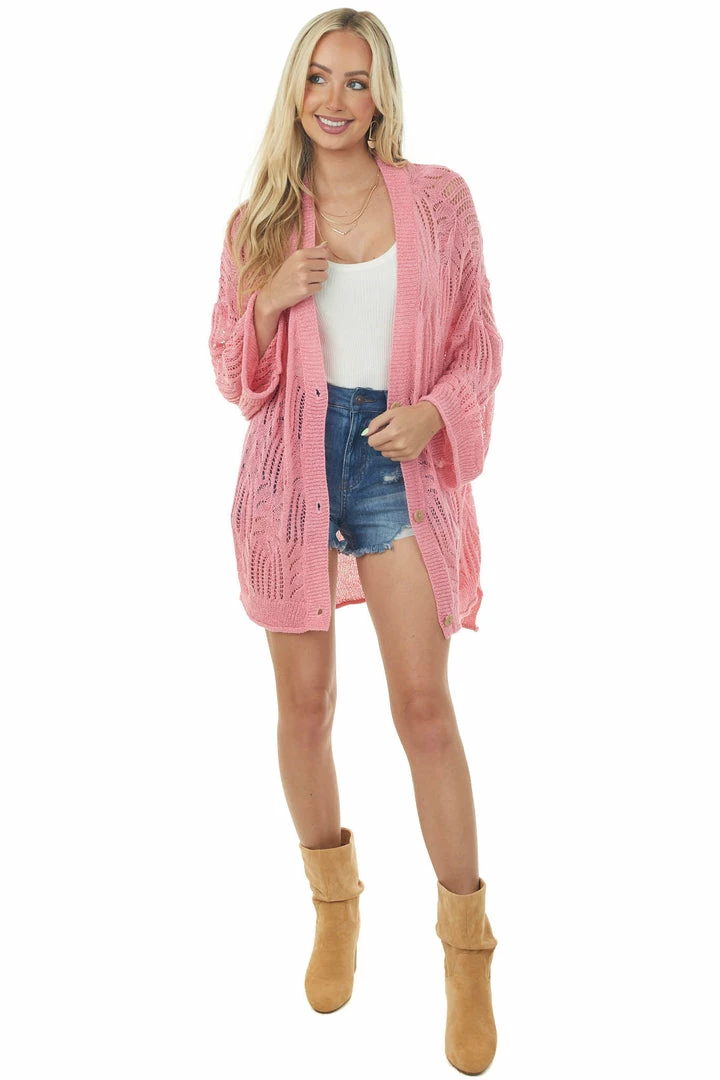 POL Clothing Punch Open Crochet High Low Button Up Cardigan Tops 4 POL Clothing Punch Open Crochet High Low Button Up Cardigan Tops