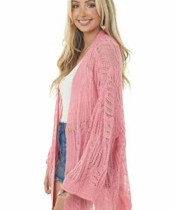 POL Clothing Punch Open Crochet High Low Button Up Cardigan Tops 11 POL Clothing Punch Open Crochet High Low Button Up Cardigan Tops