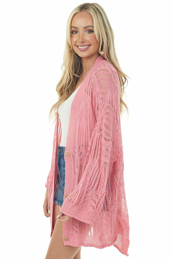 POL Clothing Punch Open Crochet High Low Button Up Cardigan Tops 6 POL Clothing Punch Open Crochet High Low Button Up Cardigan Tops