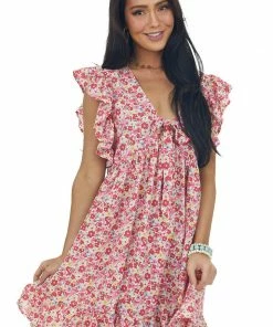 Umgee Punch Pink Floral Print Babydoll V Neck Dress