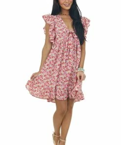 Umgee Punch Pink Floral Print Babydoll V Neck Dress
