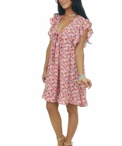 Umgee Punch Pink Floral Print Babydoll V Neck Dress