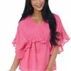 Hayden Punch Pink Wide Sleeve Chiffon Ruffled Blouse