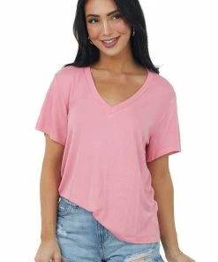 CY Fashion Tops Punch V Neck Short Sleeve Side Slit Knit Tee