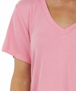 CY Fashion Tops Punch V Neck Short Sleeve Side Slit Knit Tee