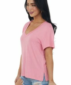 CY Fashion Tops Punch V Neck Short Sleeve Side Slit Knit Tee