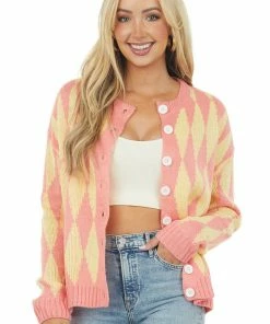 Miss Sparkling Punch And Lemon Diamond Print Button Up Cardigan