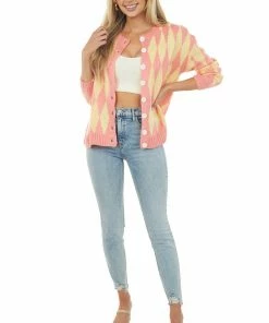 Miss Sparkling Punch And Lemon Diamond Print Button Up Cardigan