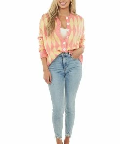 Miss Sparkling Punch And Lemon Diamond Print Button Up Cardigan