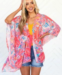 Umgee Tops Punch Paisley Print Waist Tie Detail Kimono