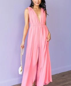 HYFVE Punch Plunging Neck Slit Maxi Overlay Romper