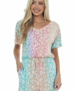 BiBi Rainbow Leopard Print Romper With Side Pockets