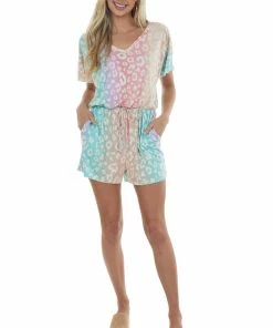 BiBi Rainbow Leopard Print Romper With Side Pockets