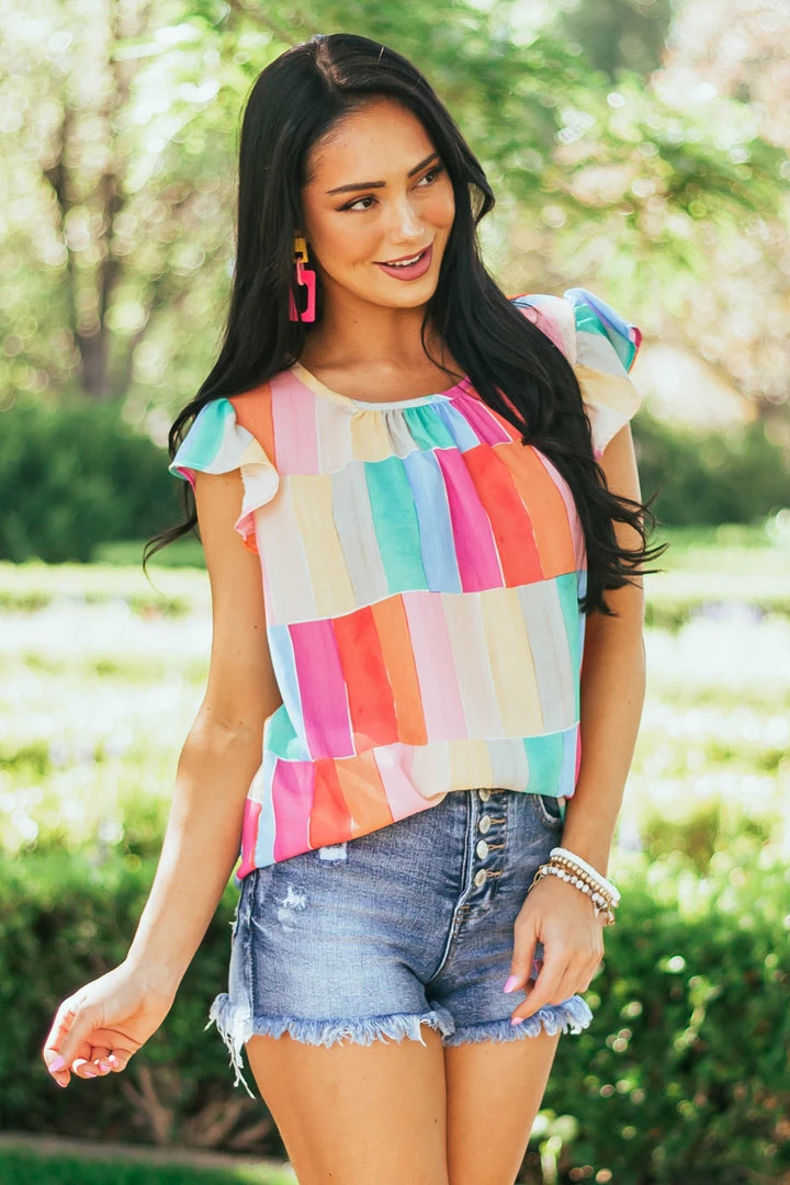BiBi Rainbow Colorblock Ruffle Short Sleeve Blouse 4 BiBi Rainbow Colorblock Ruffle Short Sleeve Blouse