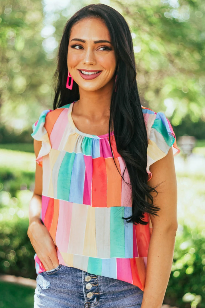 BiBi Rainbow Colorblock Ruffle Short Sleeve Blouse 3 BiBi Rainbow Colorblock Ruffle Short Sleeve Blouse