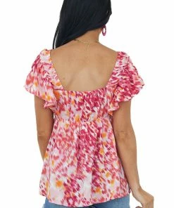 Umgee Tops Raspberry Abstract Elastic V Neck Ruffle Top