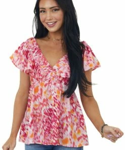 Umgee Tops Raspberry Abstract Elastic V Neck Ruffle Top