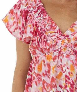 Umgee Tops Raspberry Abstract Elastic V Neck Ruffle Top