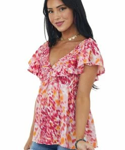 Umgee Tops Raspberry Abstract Elastic V Neck Ruffle Top