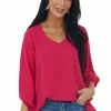 Cotton Bleu Raspberry Bubble Sleeve V Neck Crinkle Blouse Tops