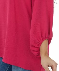 Cotton Bleu Raspberry Bubble Sleeve V Neck Crinkle Blouse Tops