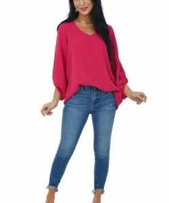 Cotton Bleu Raspberry Bubble Sleeve V Neck Crinkle Blouse Tops