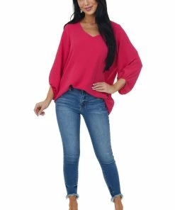 Cotton Bleu Raspberry Bubble Sleeve V Neck Crinkle Blouse Tops