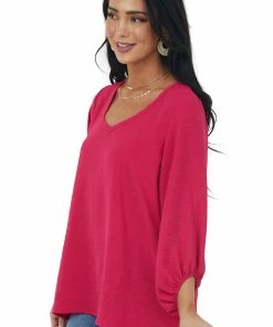 Cotton Bleu Raspberry Bubble Sleeve V Neck Crinkle Blouse Tops