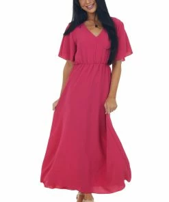 Haptics Raspberry Cinch Waist Flutter Sleeve Maxi Dress Dresses
