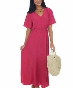Haptics Raspberry Cinch Waist Flutter Sleeve Maxi Dress Dresses