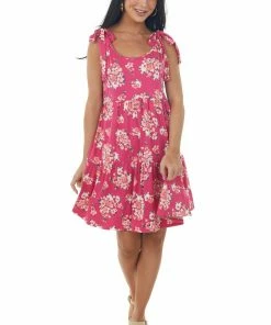 Haptics Raspberry Floral Short Dress With Shoulder Ties