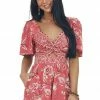 ANGIE Dresses Raspberry Floral V Neck Twist Front Romper